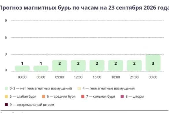 Прогноз магнитных бурь по часам на 23 сентября 2026 года. Инфографика