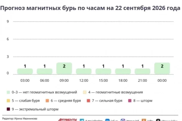 Прогноз магнитных бурь по часам на 22 сентября 2026 года. Инфографика